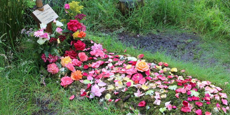 Flowers and a natural gravemarker sitting on a green burial gravesite.